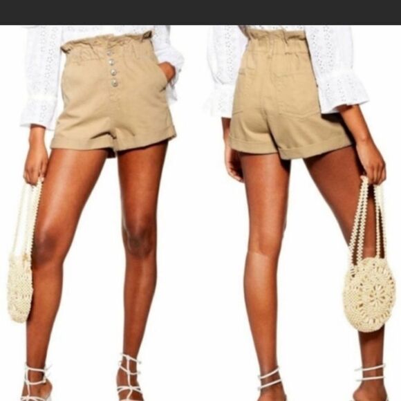 Topshop Paperbag Khaki Denim Shorts Size 2 - Picture 2 of 7